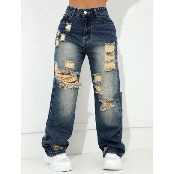 SHEIN Denim - Y2K Baggy Distressed Hi Rise Denim Blue Mom Jeans Wide Leg Womens Large Faded